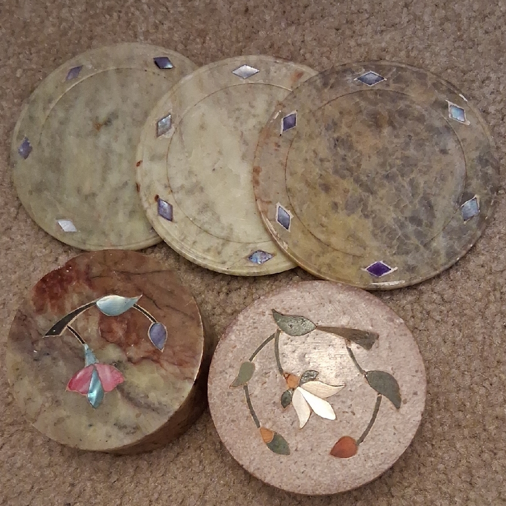 Stone Coasters with Inlay And 2 Soap Stone Trinket Boxes
